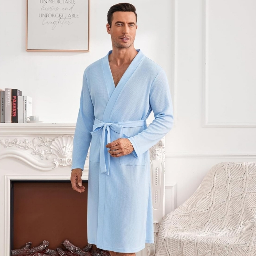 Ekouaer Mens Waffle Robe Lightweight Spa Bathrobe Knit Kimono Shower Robes VNeck